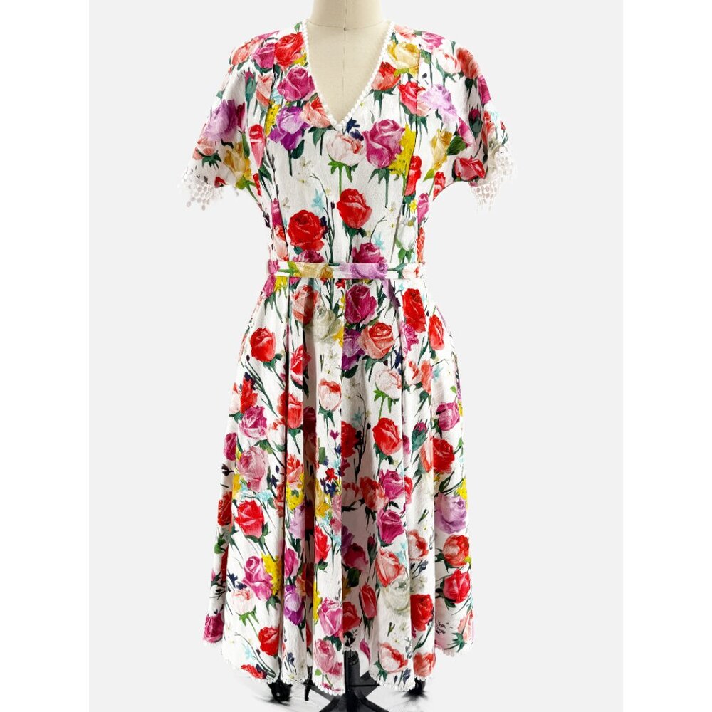 Blumarine V neck SSV Floral & Lace Trim Tea Dress 6 - Picture 14 of 14